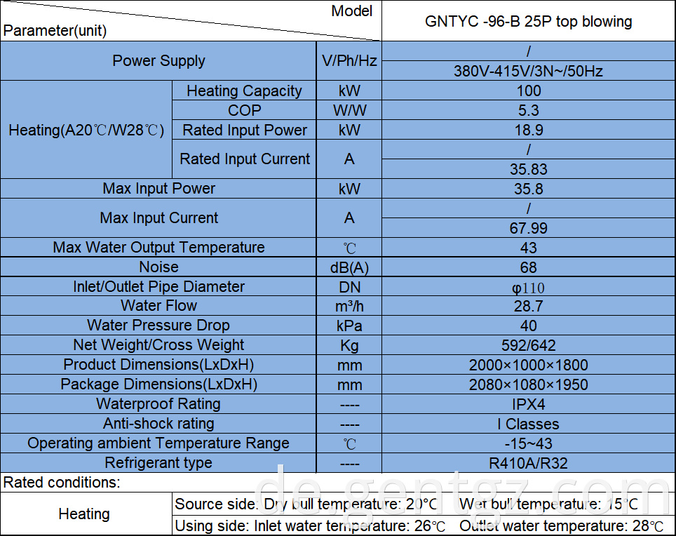 Gent 25p Top Blowing Swimming Pool Heat Pump Parameter List